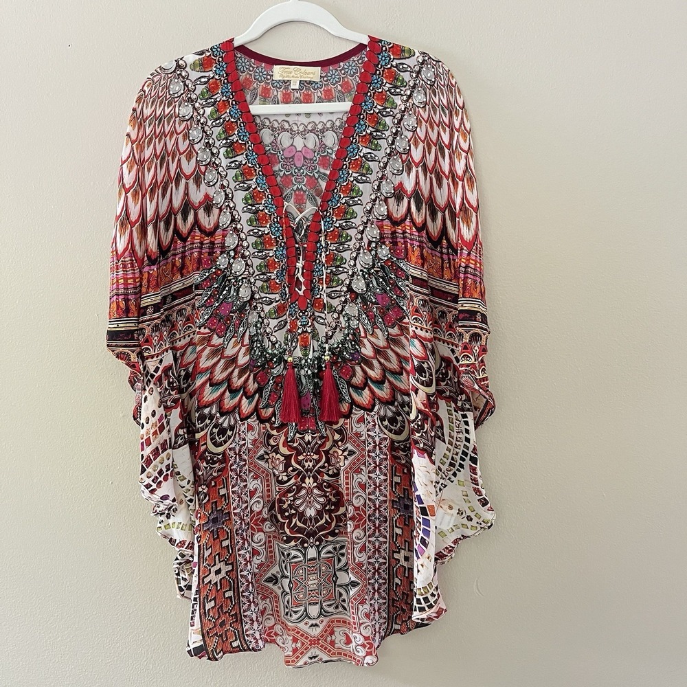 true colours la moda Kaftan Shirt Coverup Boho Viscose Silk L Diamond Tassel